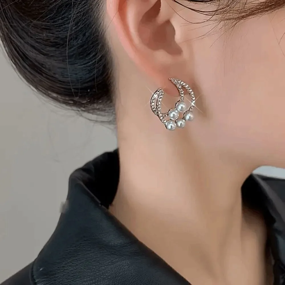 Pearl Diamond Crescent Moon Stud Earrings